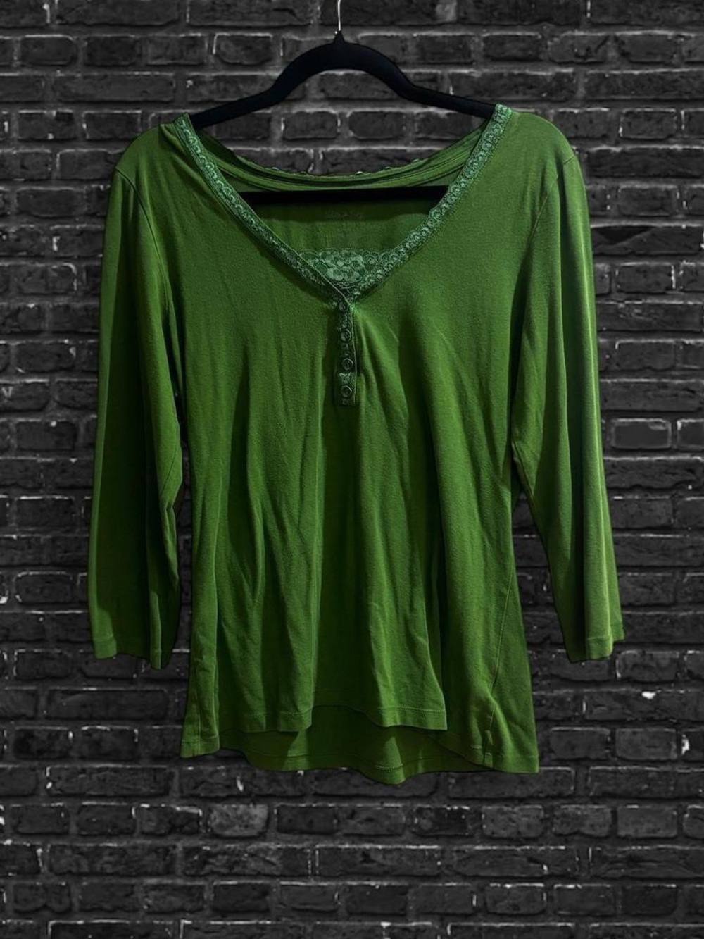 White Stag Olive Green Lace-Trim Henley Long Sleeve Top